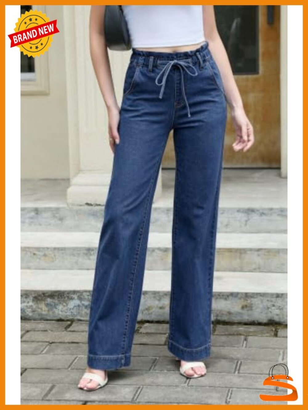 Wide Leg Jeans High Waisted Elastic Waist Drawstring Baggy Denim Pants with - Picture 5 of 6